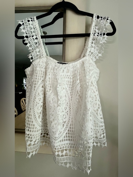 Express Tops - NWT Express White Crochet Lace Boho Ruffled Crop Tank Top Size Small